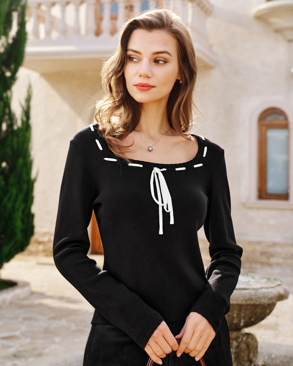 Black Viscose Knit Top with Square Neck
