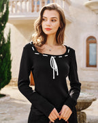 Black Viscose Knit Top with Square Neck