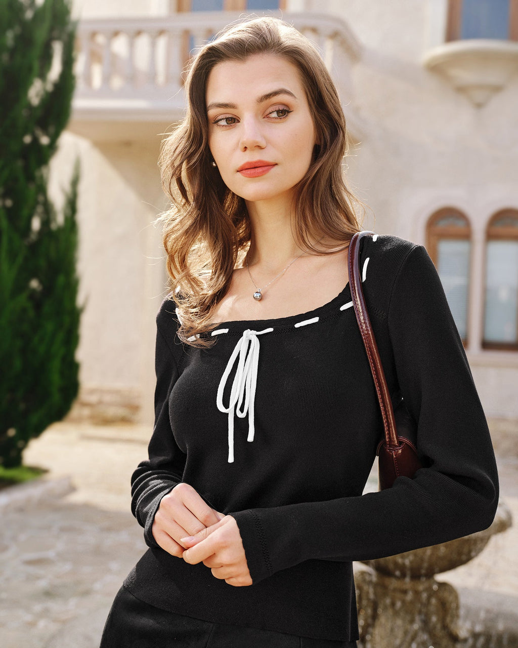 Black Viscose Knit Top with Square Neck