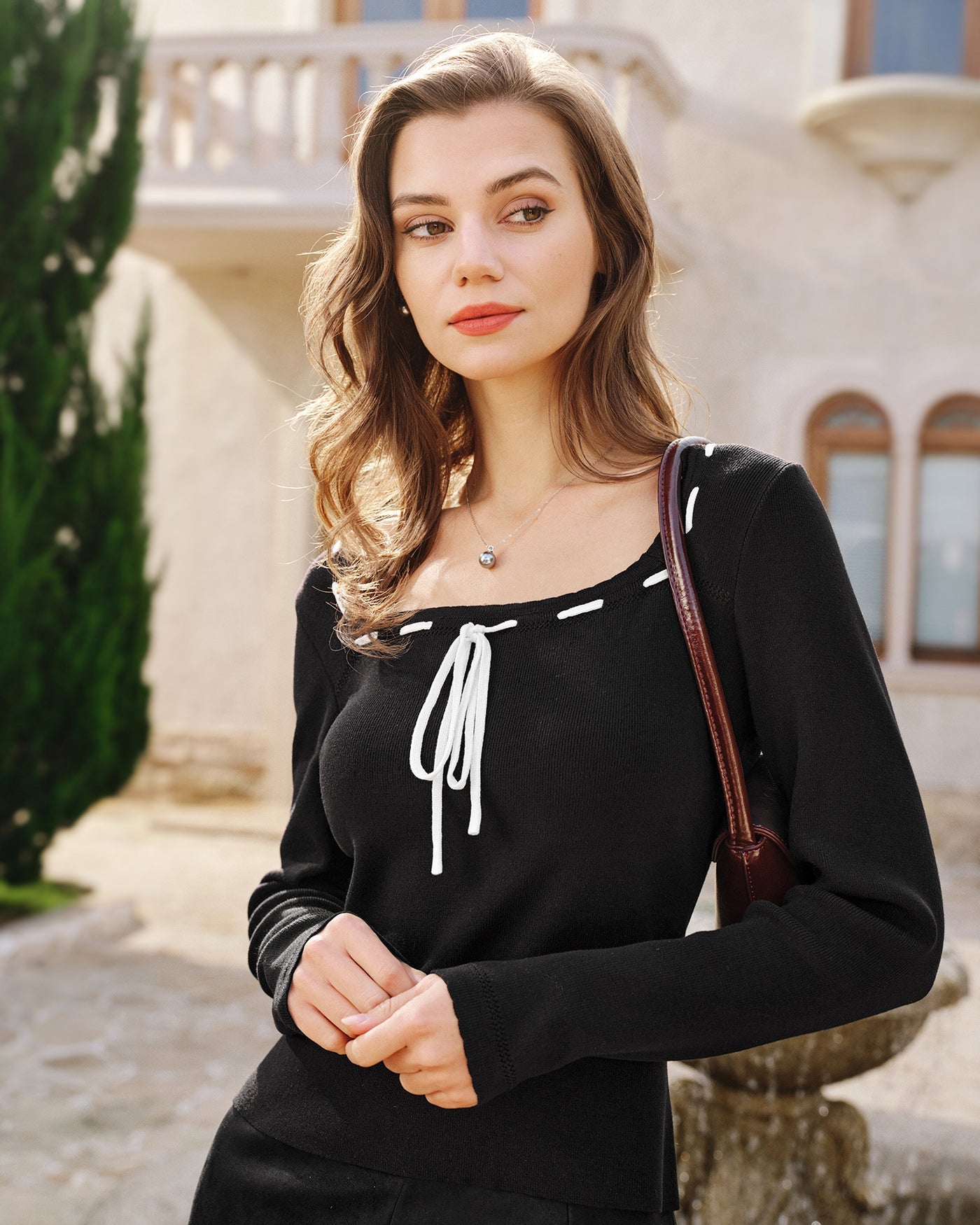 Black Viscose Knit Top with Square Neck