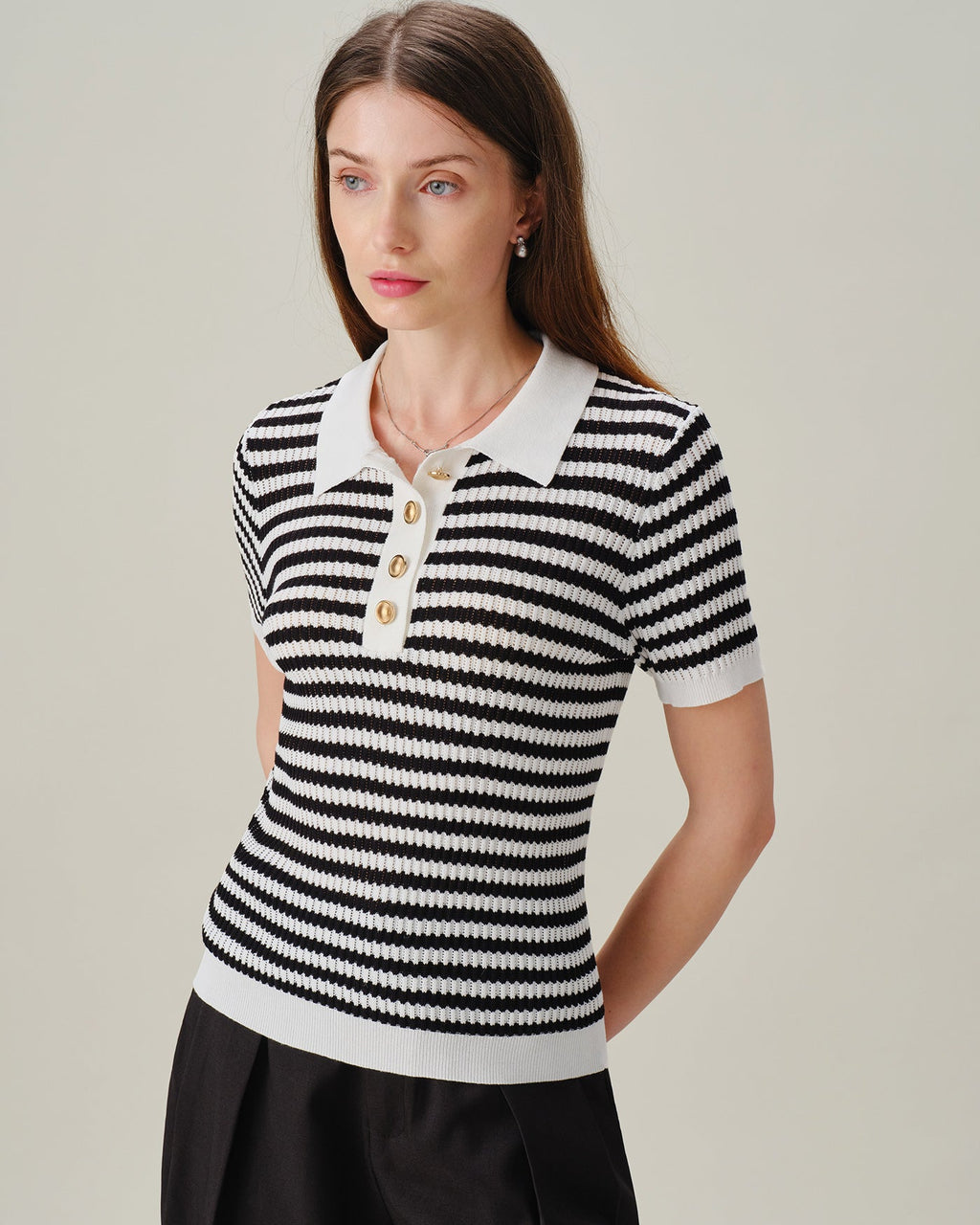 Striped Knit Cardigan with Black Collar