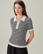Striped Knit Cardigan with Black Collar