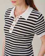 Striped Knit Cardigan with Black Collar