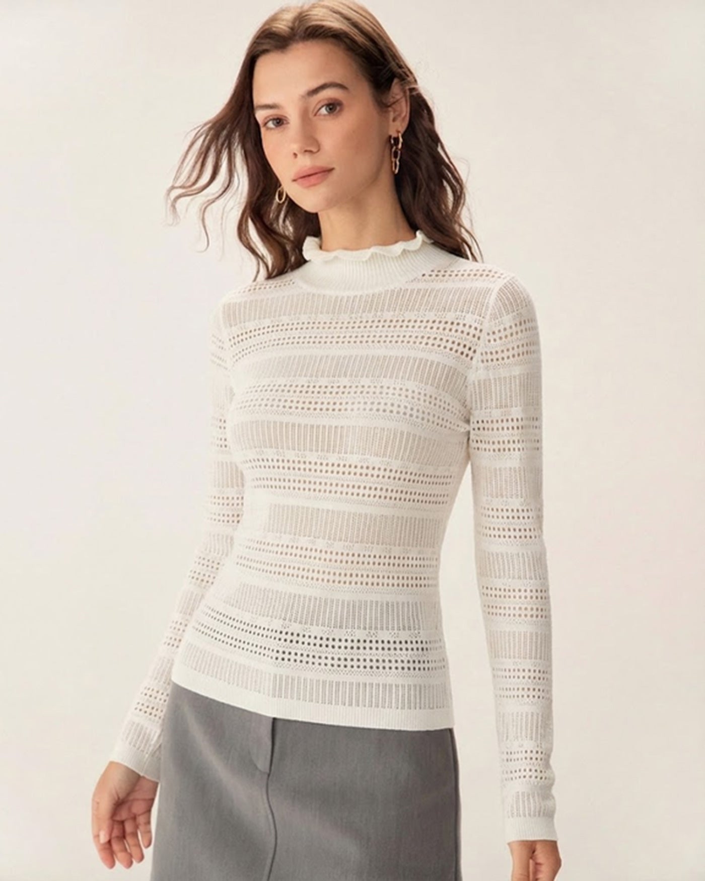 Beige Viscose Knit Turtle Neck Tee