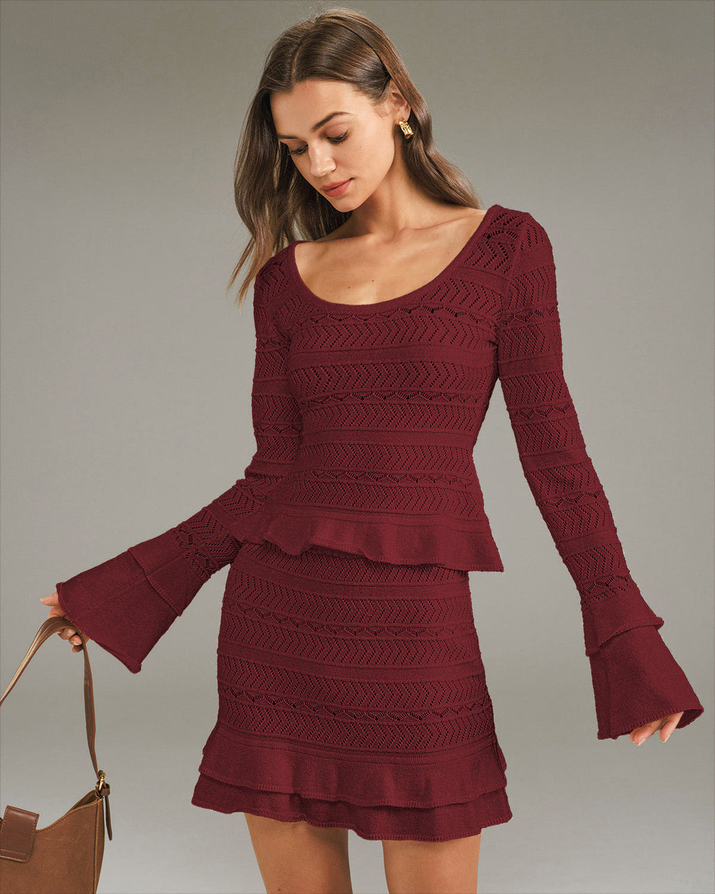 Elegant Bell Sleeve Knit Top in Wine Red