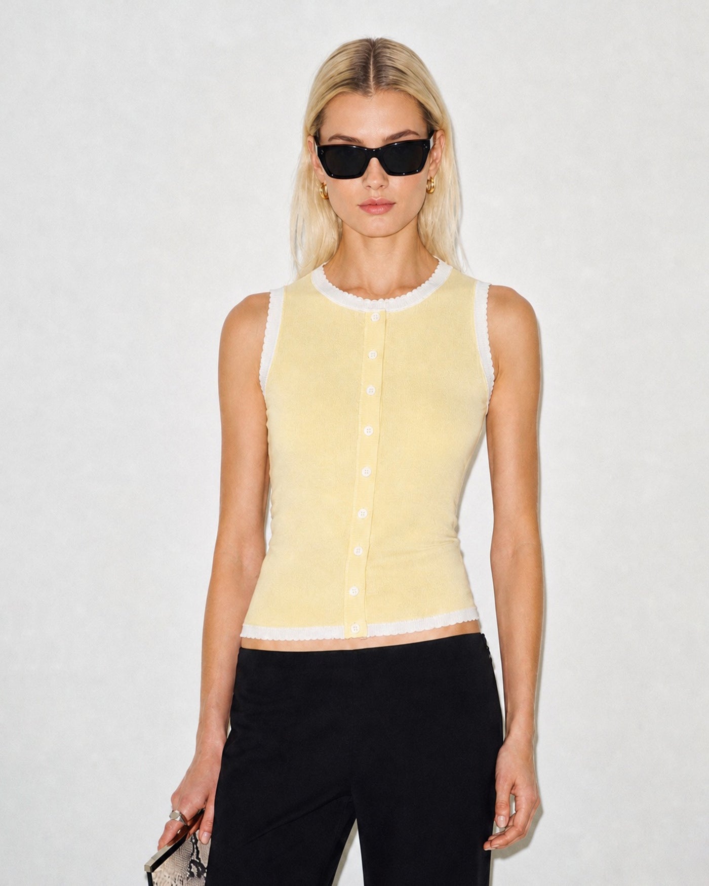 Knitted Tank Top with Yellow Contrast Buttons