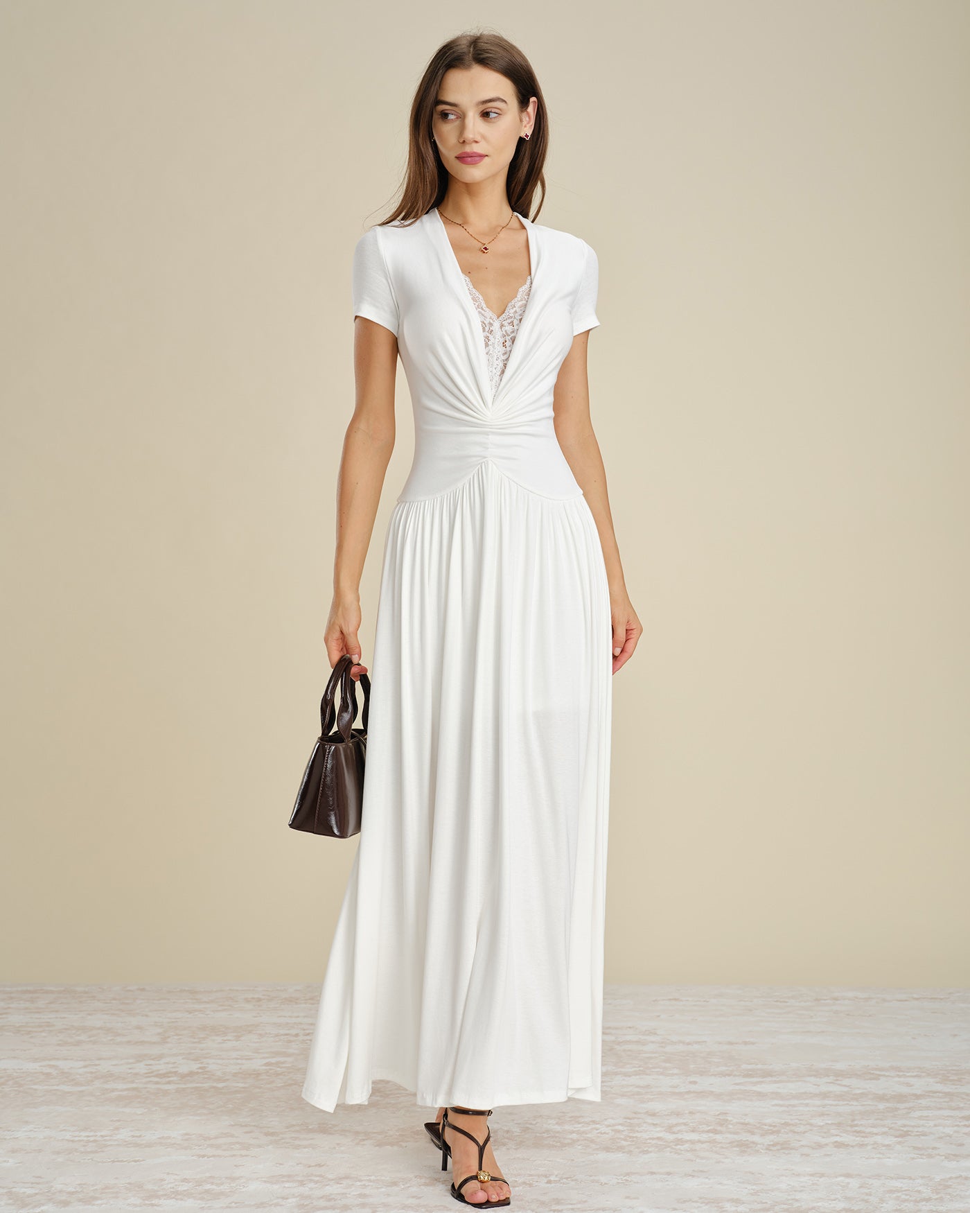 White Maxi Dress with V-Neck and Lace Accents