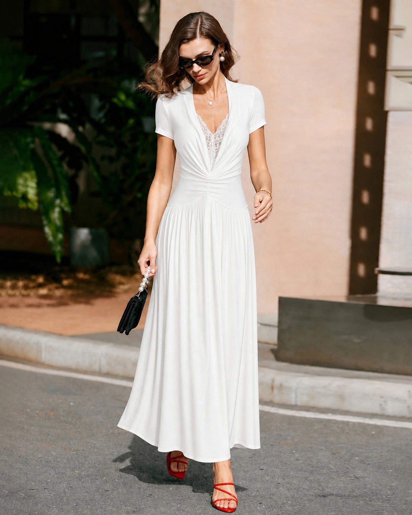 White Maxi Dress with V-Neck and Lace Accents