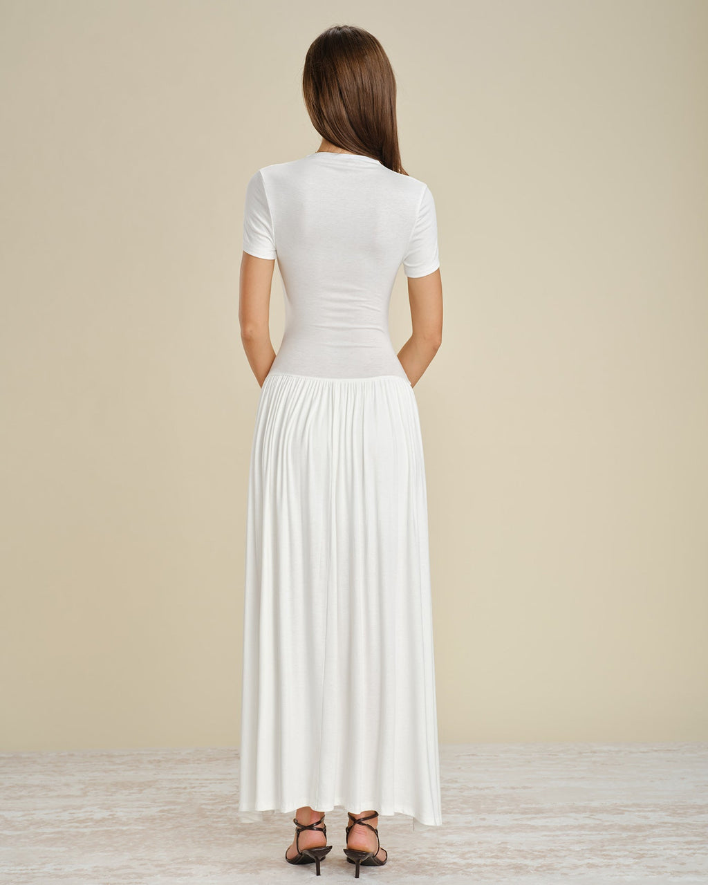 White Maxi Dress with V-Neck and Lace Accents