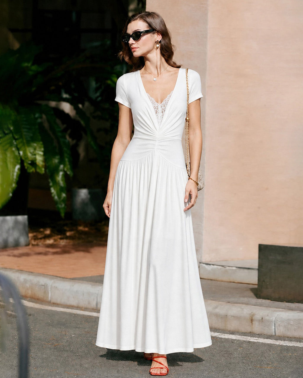 White Maxi Dress with V-Neck and Lace Accents