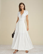 White Maxi Dress with V-Neck and Lace Accents