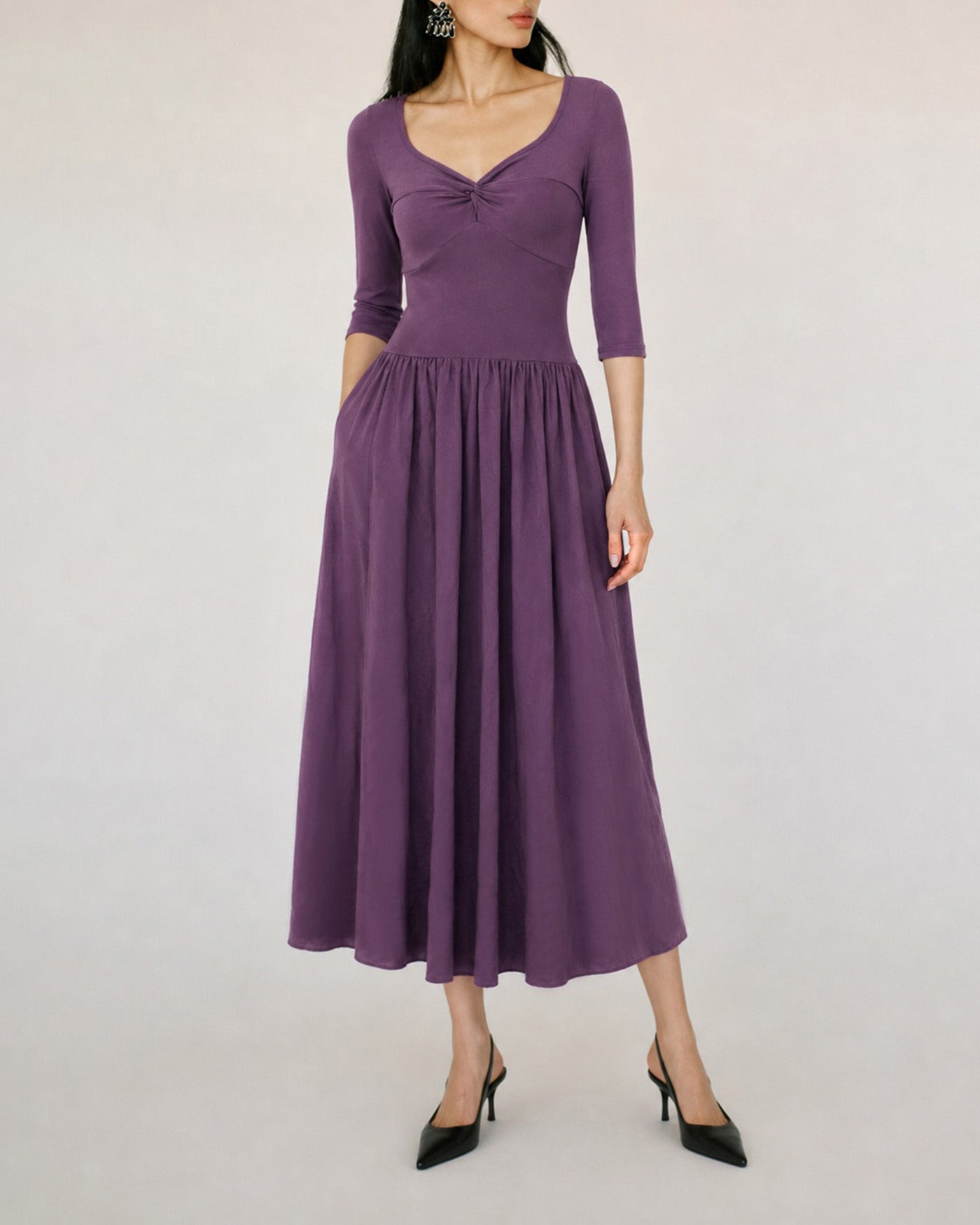 Purple V-Neck Ruched A-Line Maxi Gown
