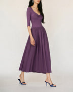 Purple V-Neck Ruched A-Line Maxi Gown