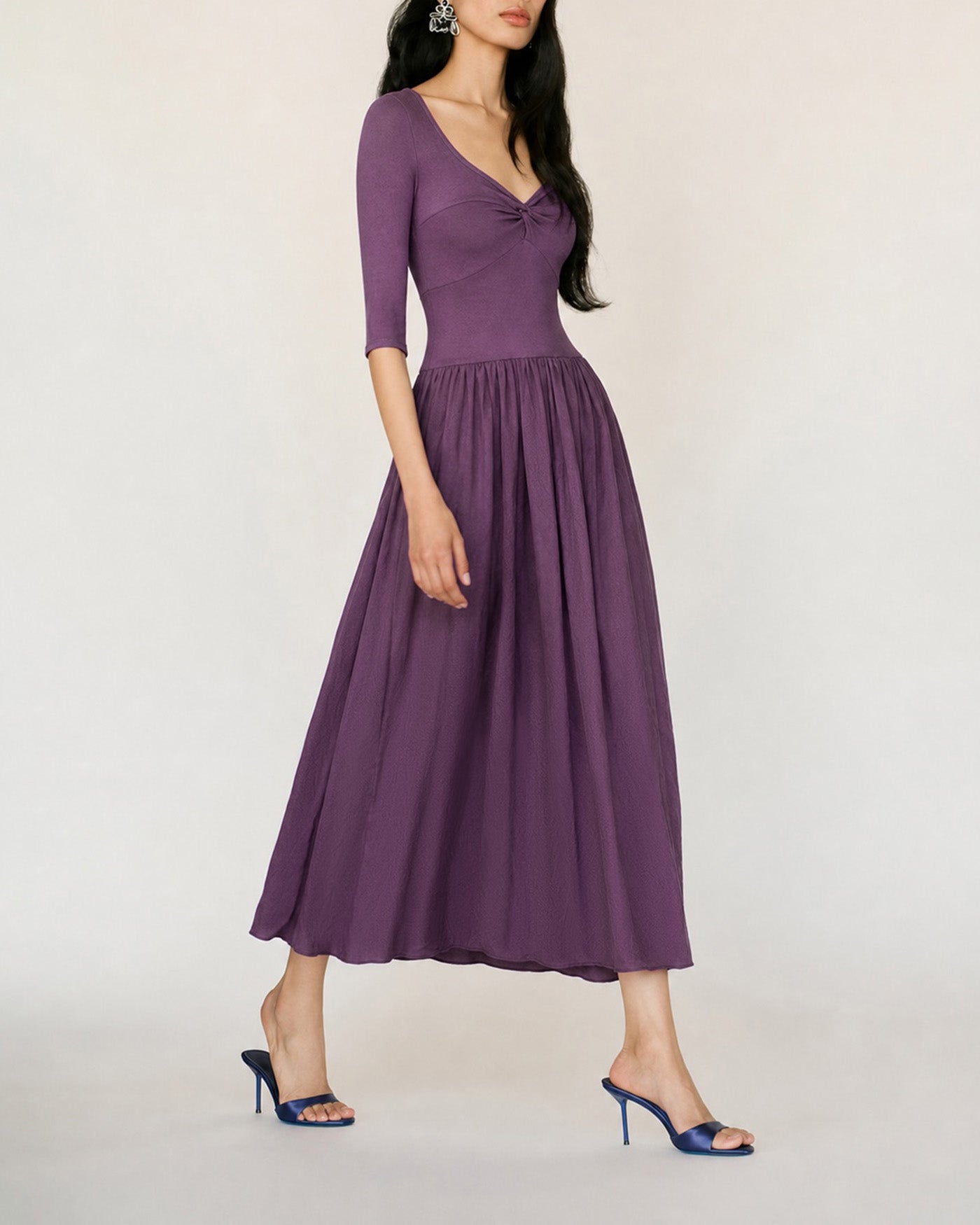 Purple V-Neck Ruched A-Line Maxi Gown