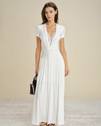 White Maxi Dress with V-Neck and Lace Accents