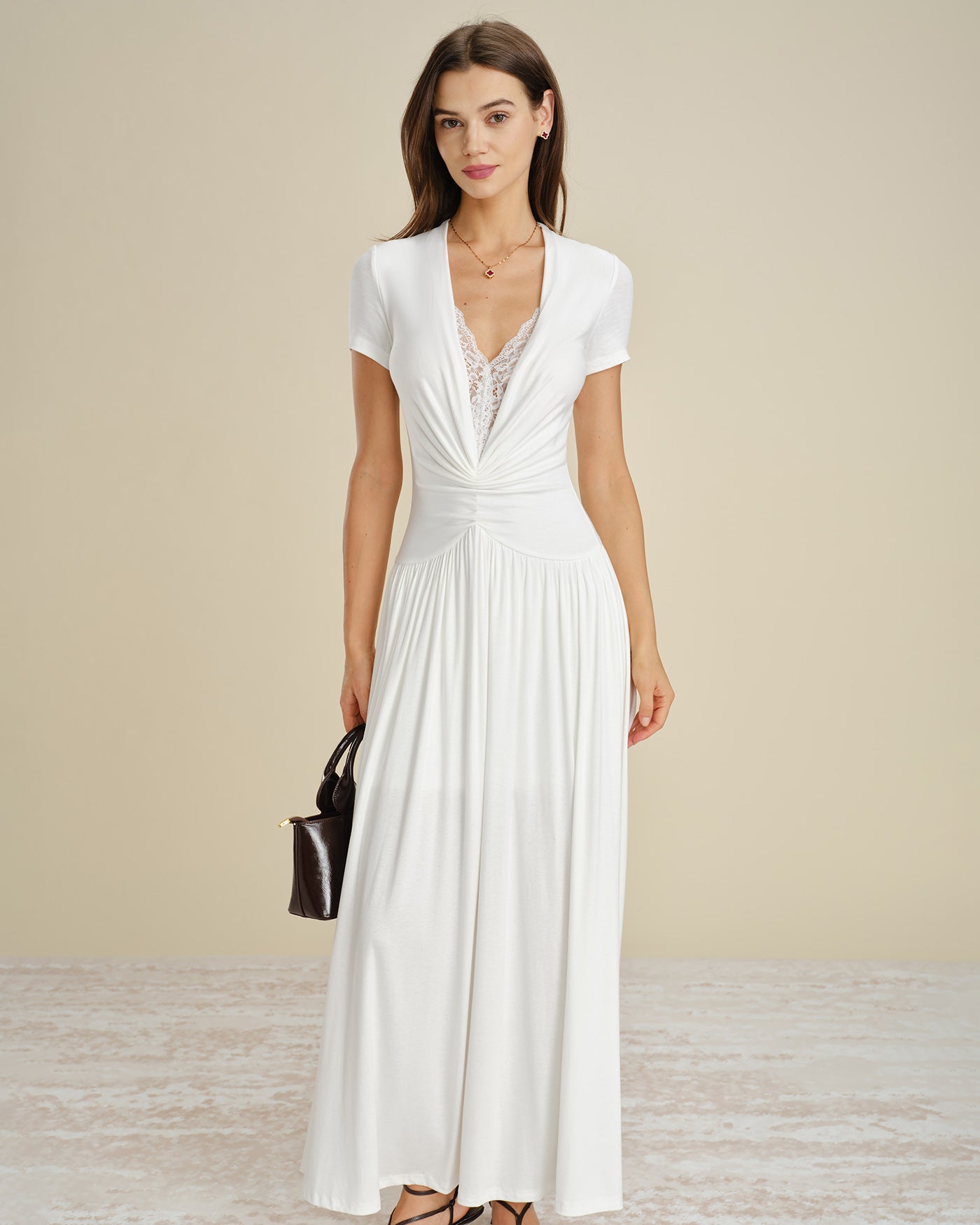 White Maxi Dress with V-Neck and Lace Accents