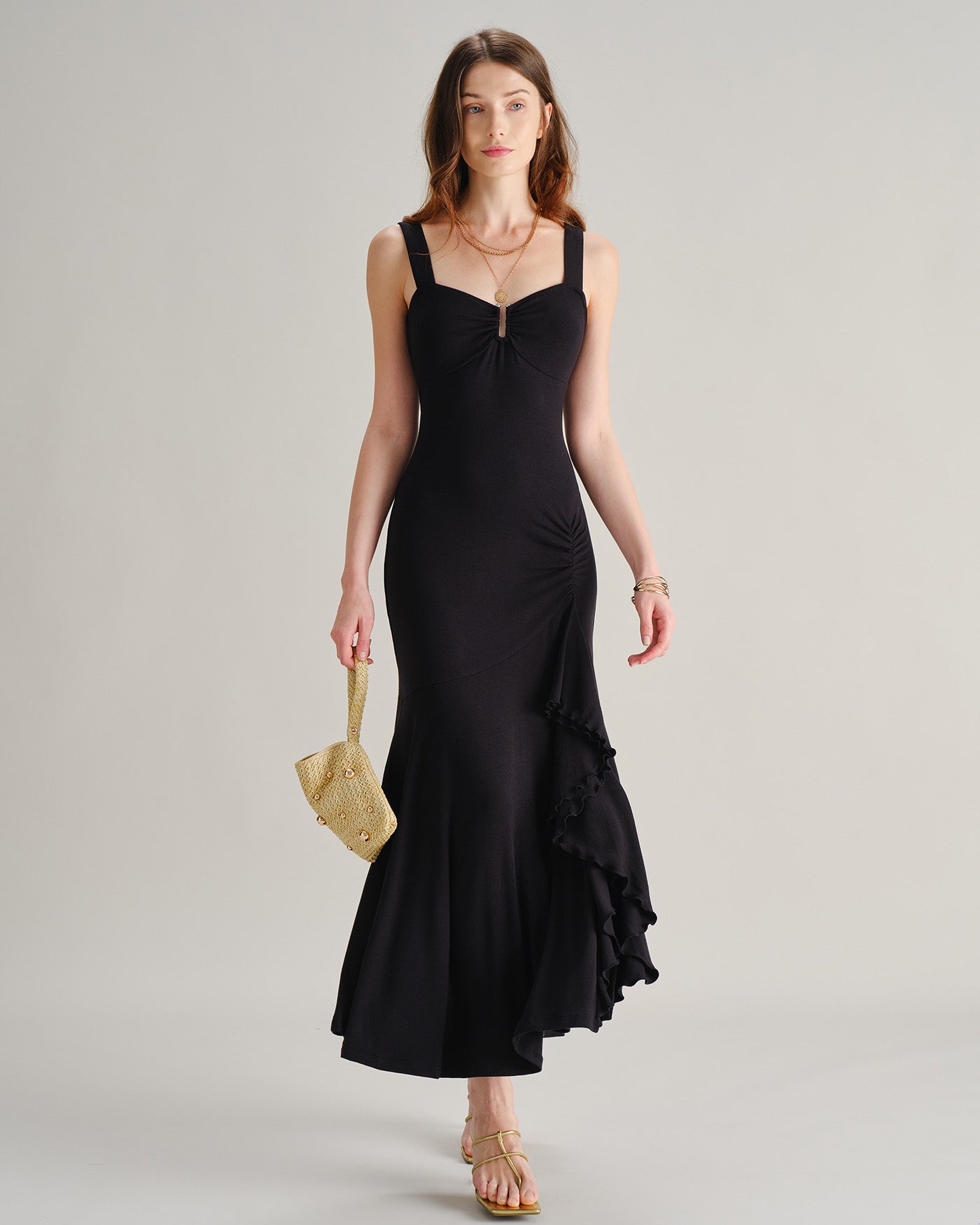 Black Ruffle Maxi Dress with Sweetheart Neckline and Slit
