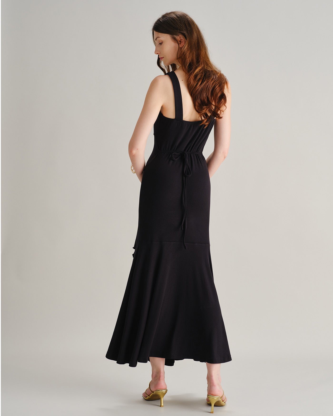 Black Ruffle Maxi Dress with Sweetheart Neckline and Slit