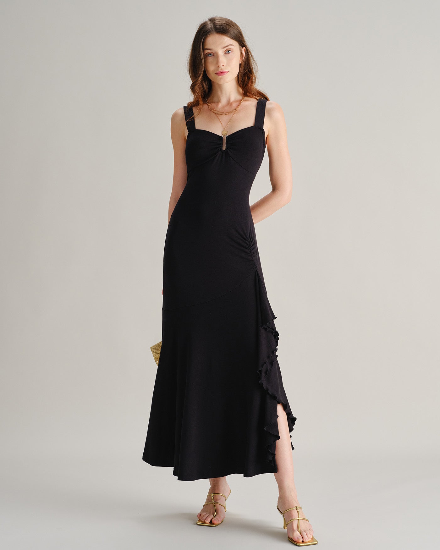 Black Ruffle Maxi Dress with Sweetheart Neckline and Slit