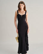 Black Ruffle Maxi Dress with Sweetheart Neckline and Slit