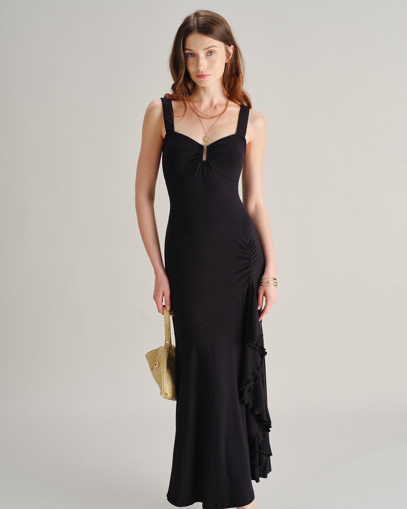 Black Ruffle Maxi Dress with Sweetheart Neckline and Slit