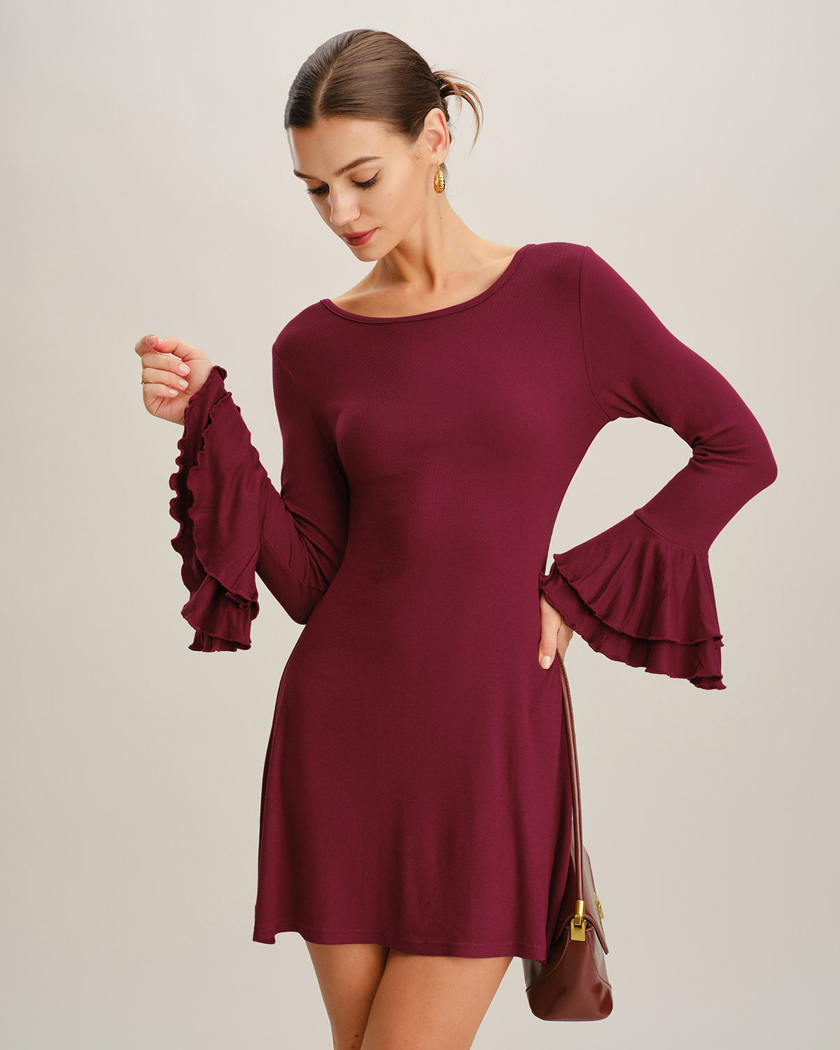 Wine Red Ruffled A-Line Mini Dress
