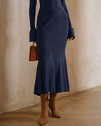 Navy Knit Midi Skirt with Mermaid Hem