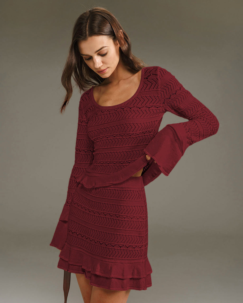 Wine Red Ruffled Knit Mini Skirt