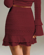 Wine Red Ruffled Knit Mini Skirt
