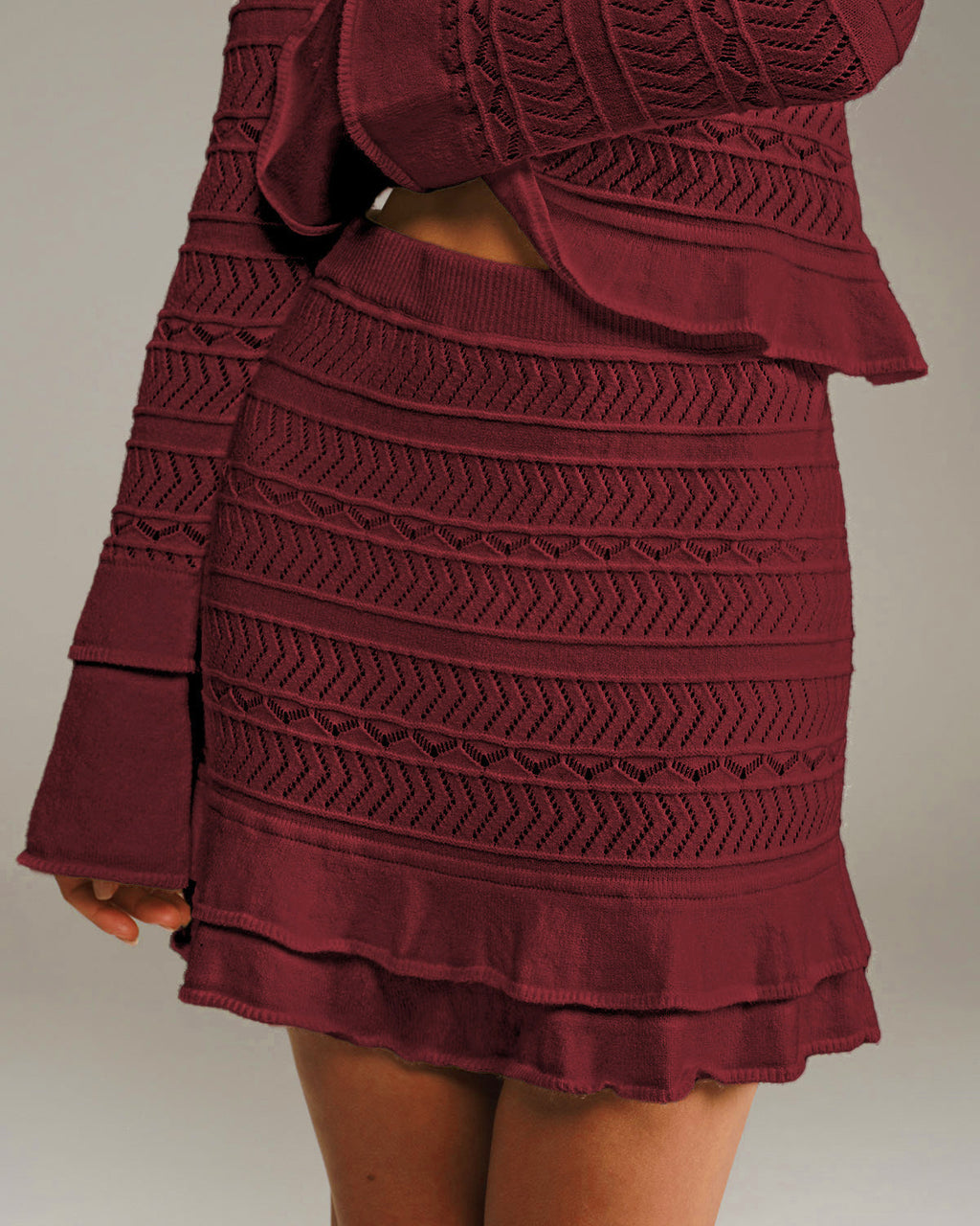 Wine Red Ruffled Knit Mini Skirt