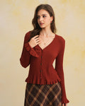 Brown Knit Cardigan with V-Neck and Bell Sleeves
