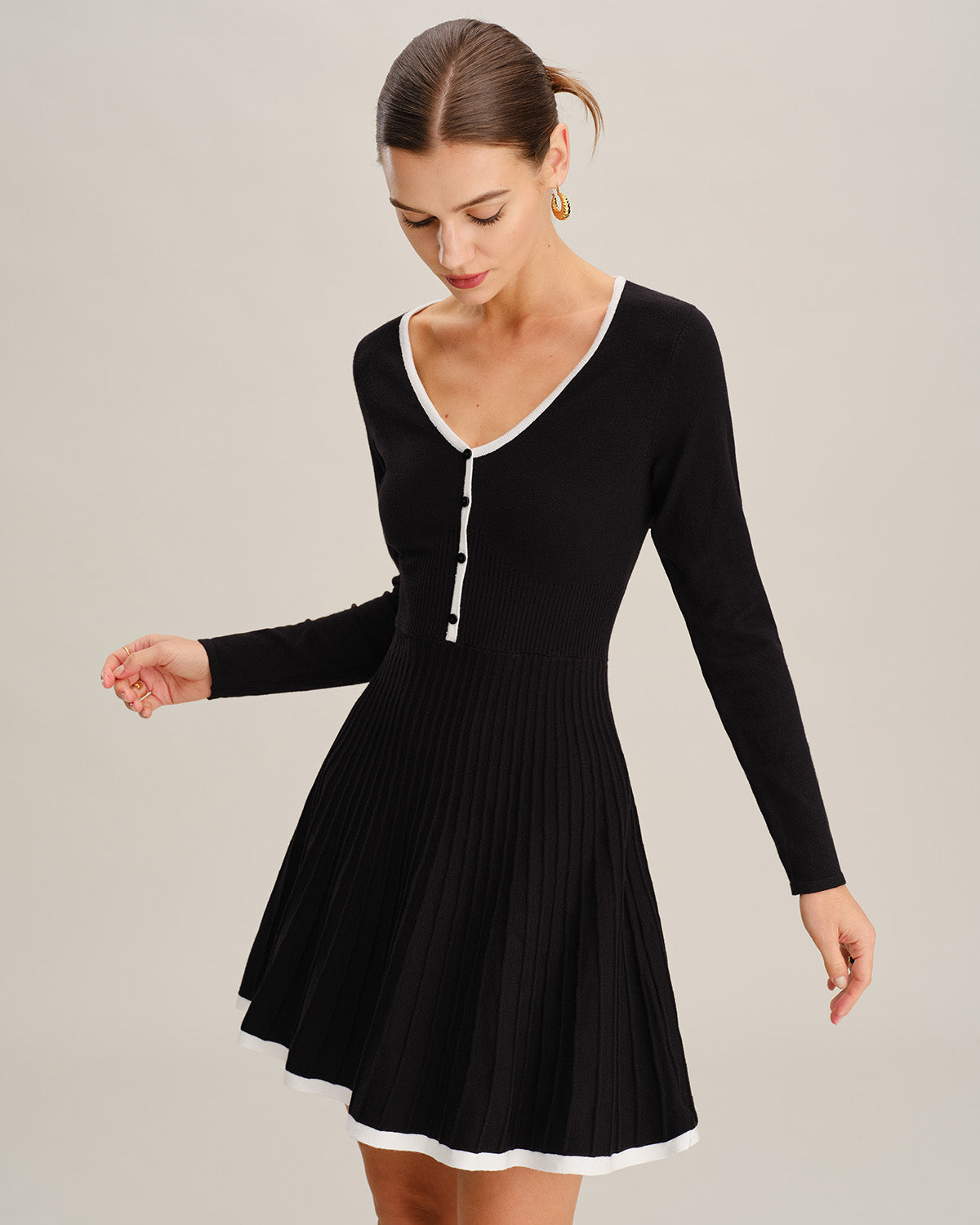V-Neck Button Sweater Dress with Black Contrast