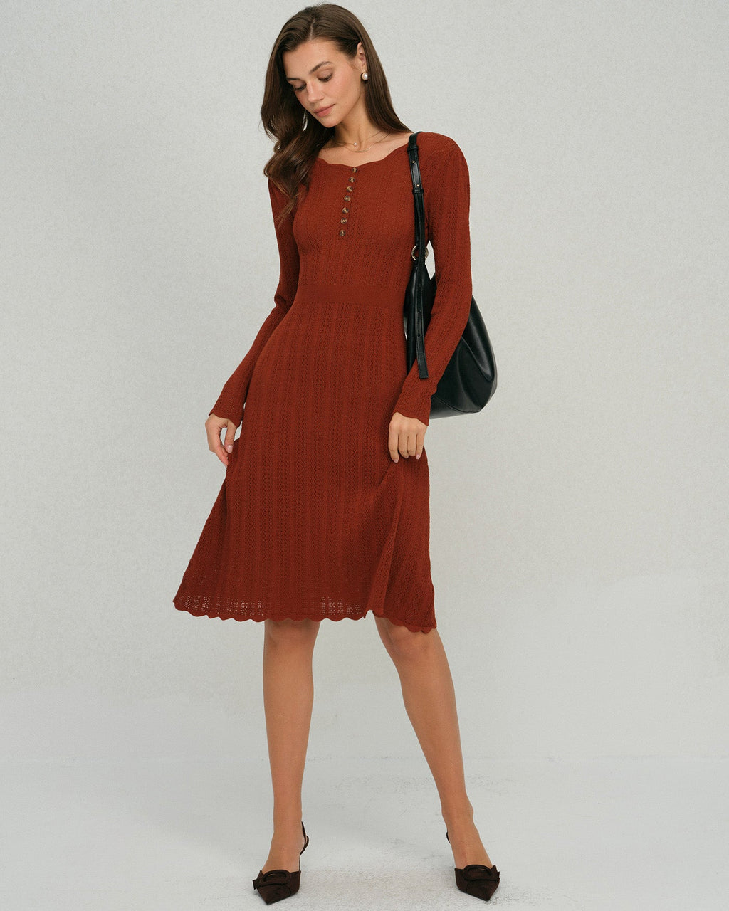 Brown Scalloped A-Line Knit Dress