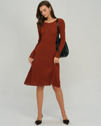 Brown Scalloped A-Line Knit Dress