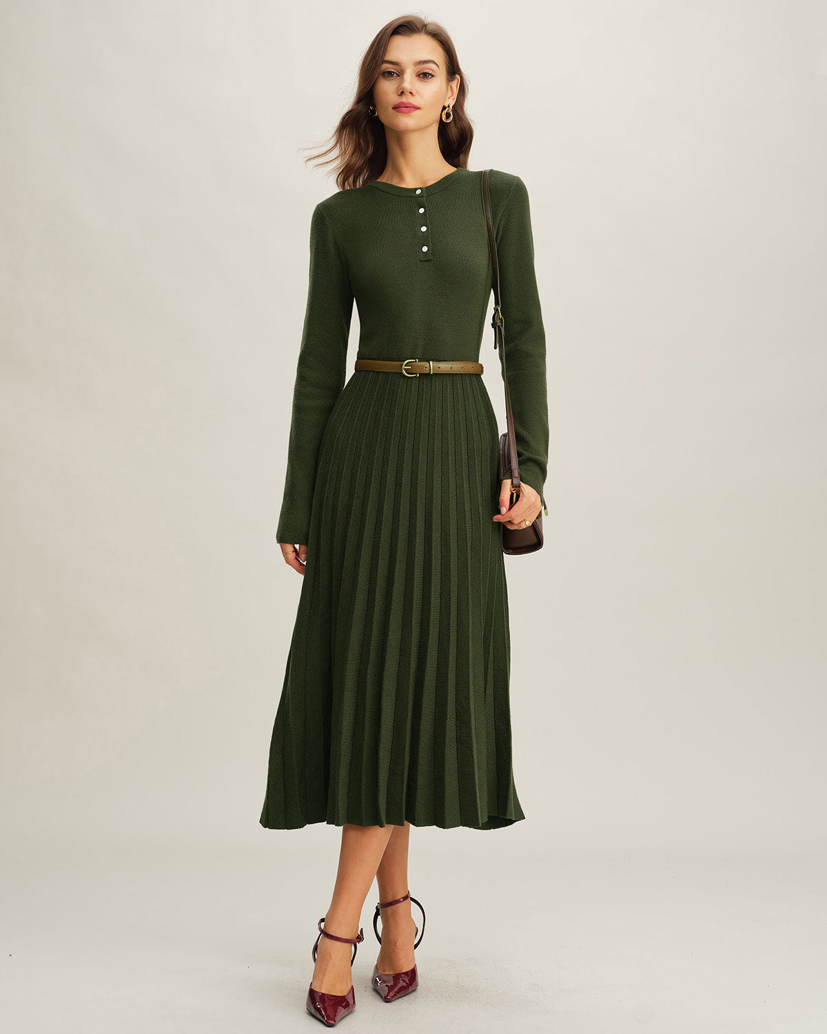 Pleated Green Round Neck Sweater Dress