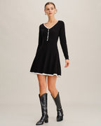 V-Neck Button Sweater Dress with Black Contrast