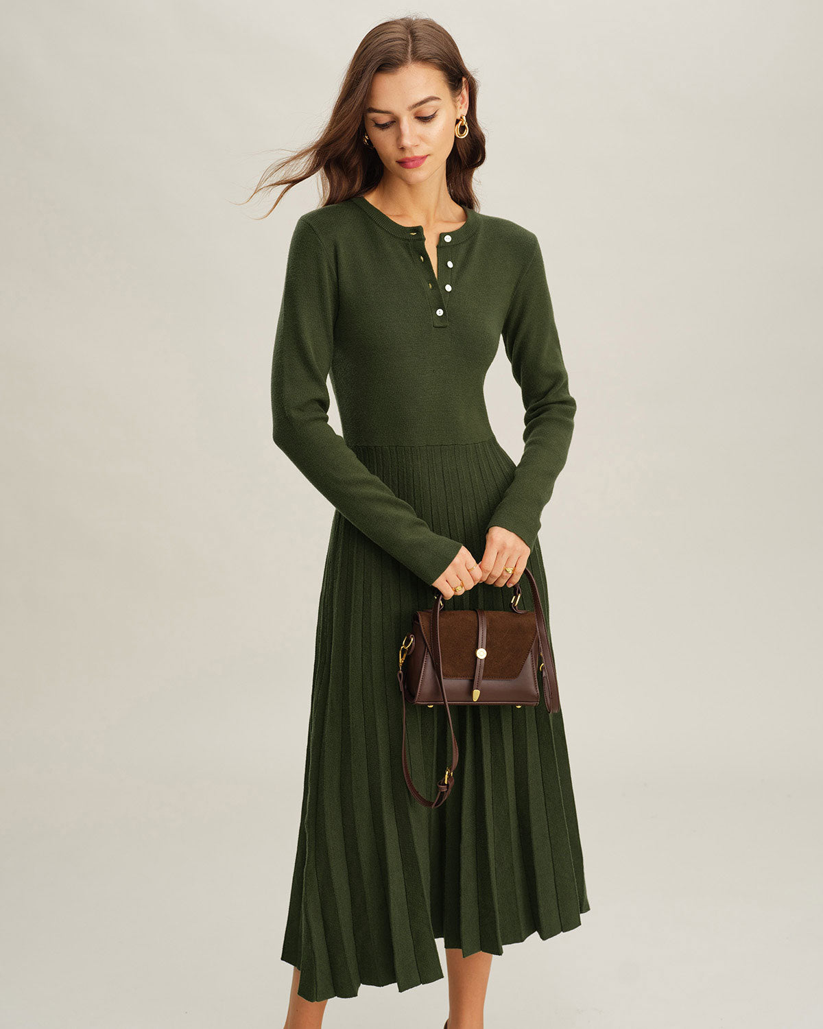 Pleated Green Round Neck Sweater Dress