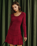 Scalloped Viscose Sweater Dress in Wine Red