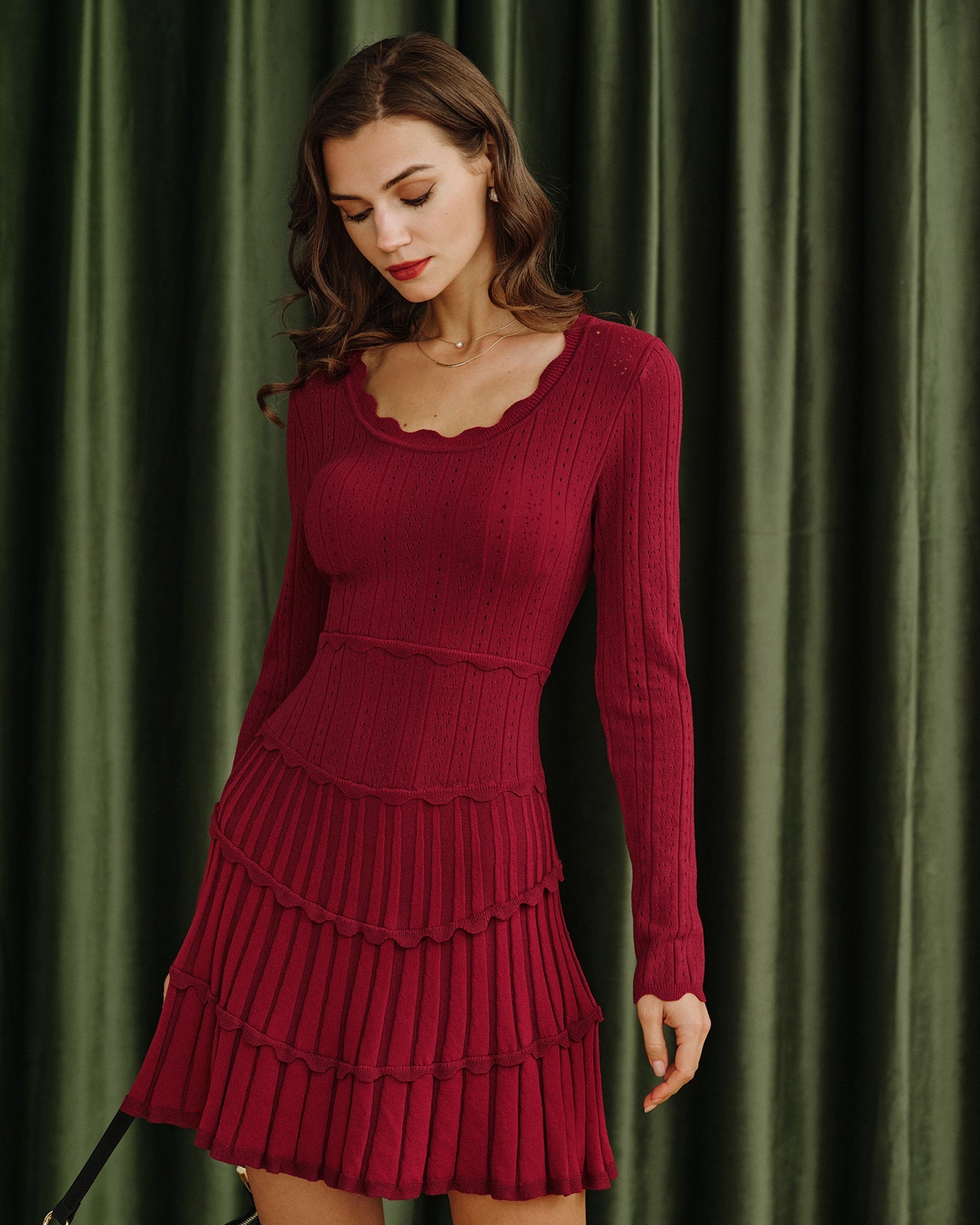 Scalloped Viscose Sweater Dress in Wine Red