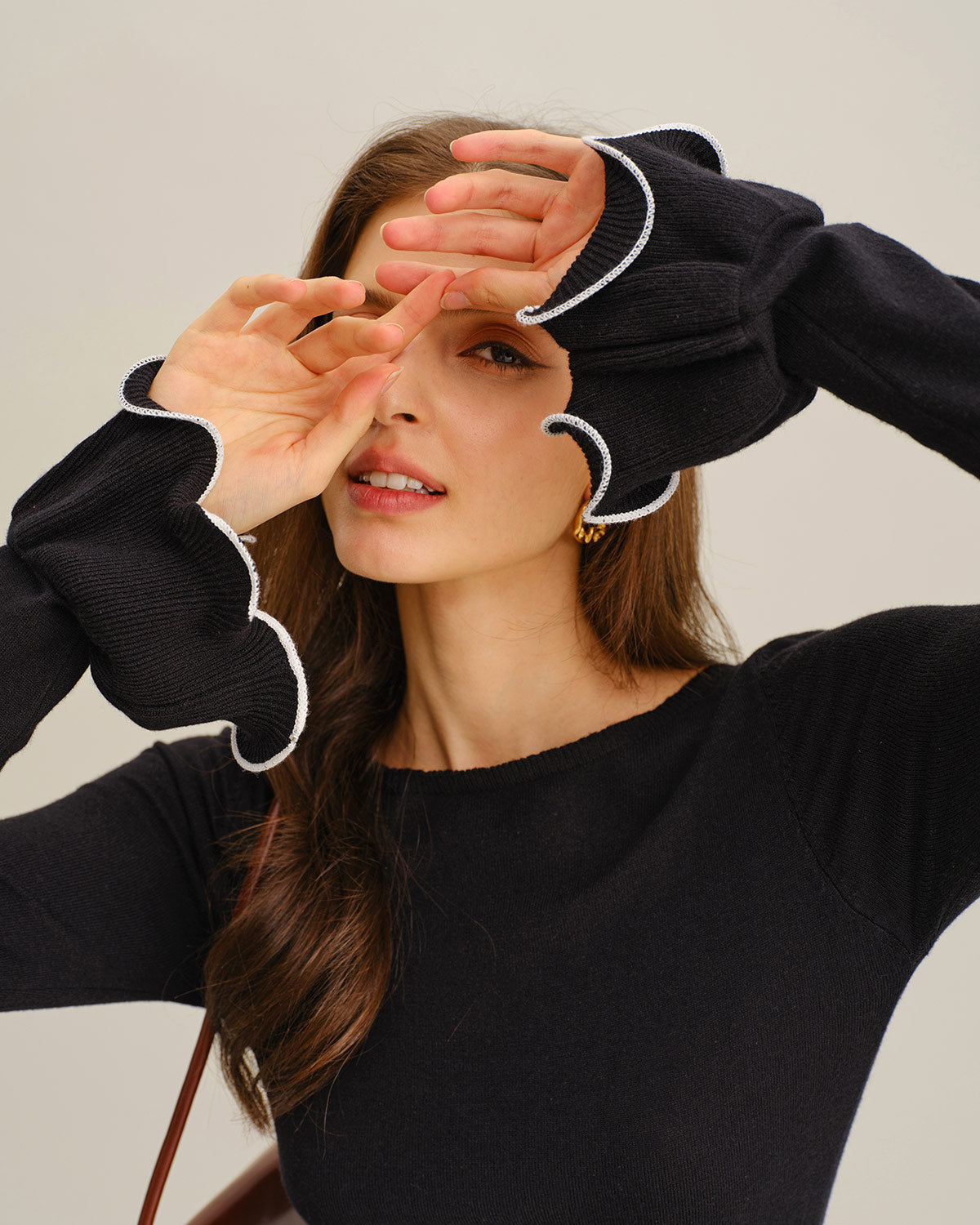 Mini Dress with Ruffled Black Ribbed Sweater Design