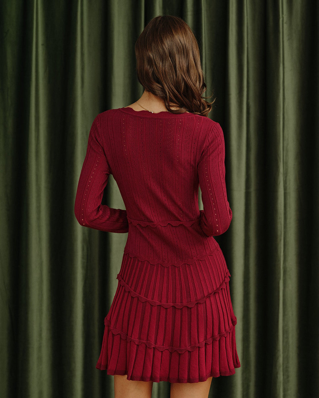 Scalloped Viscose Sweater Dress in Wine Red