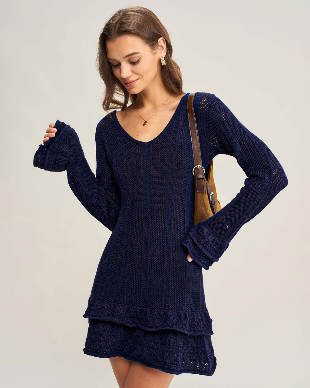Navy V-Neck A-Line Sweater Dress