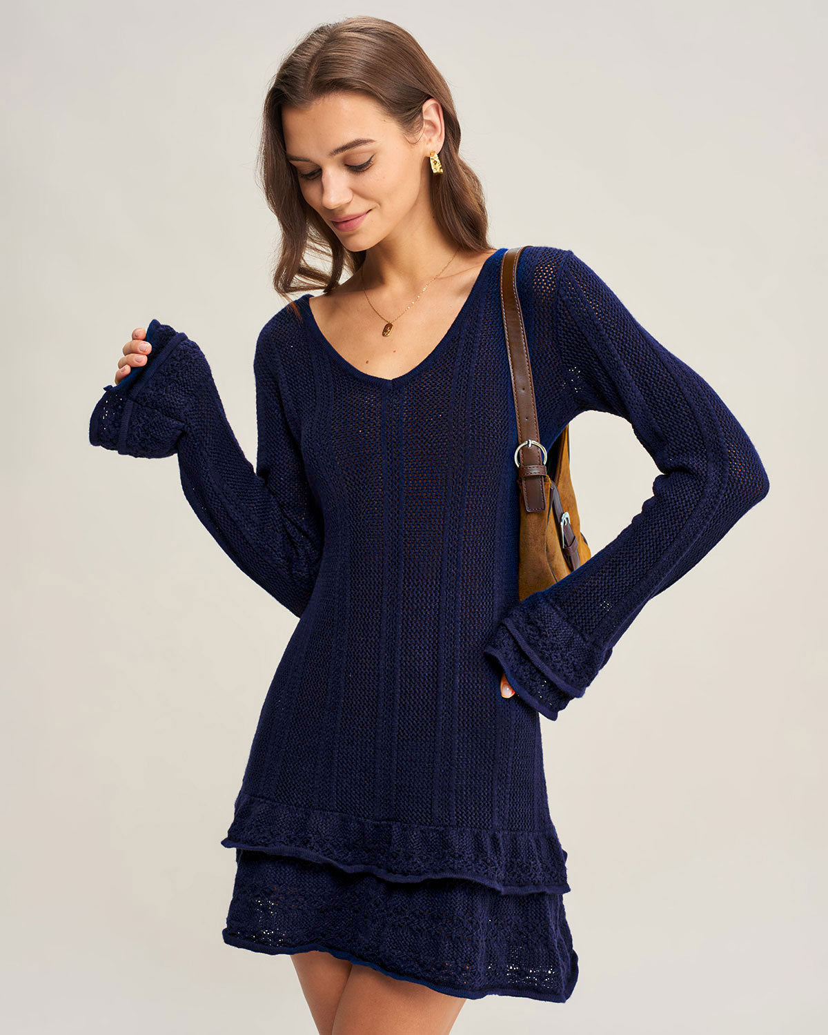 Navy V-Neck A-Line Sweater Dress