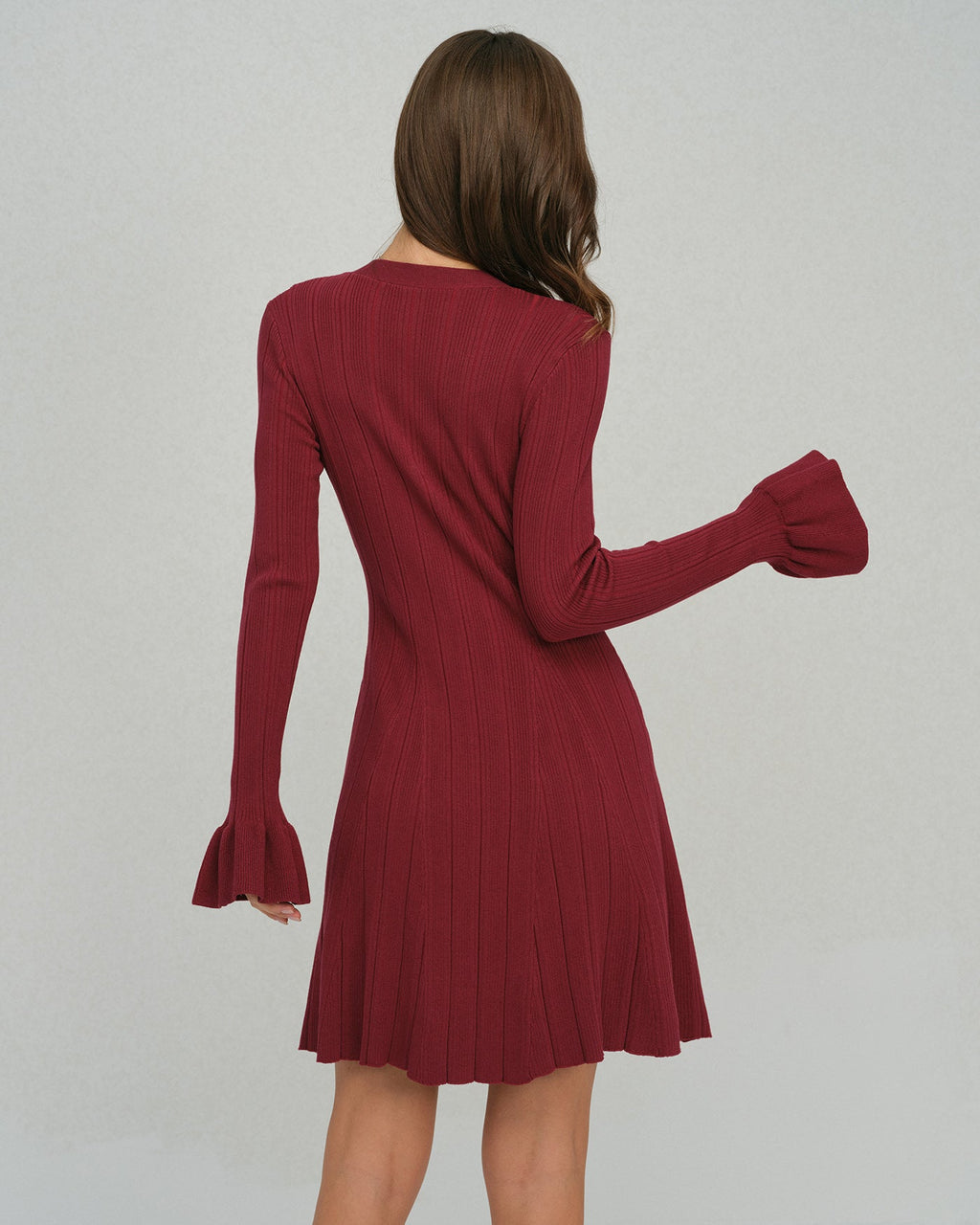 Wine Red V-Neck Sweater Dress with Bell Sleeves