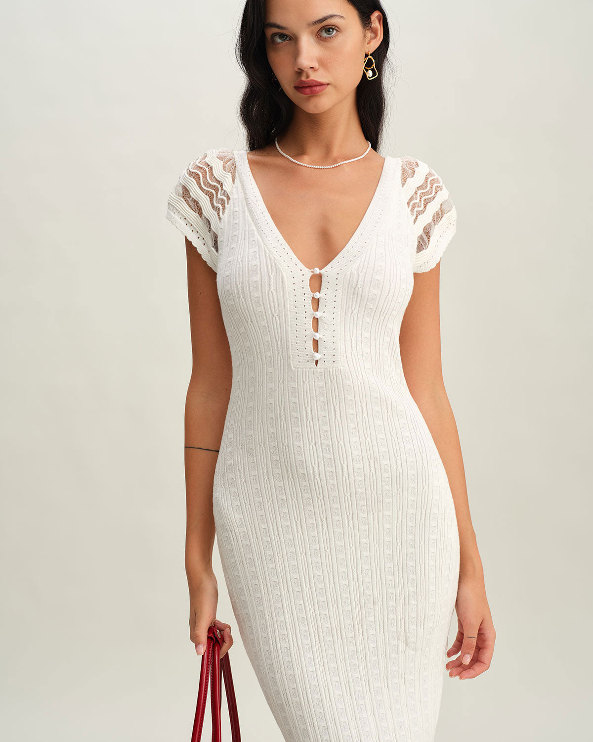 White Crochet Knit Bodycon Dress