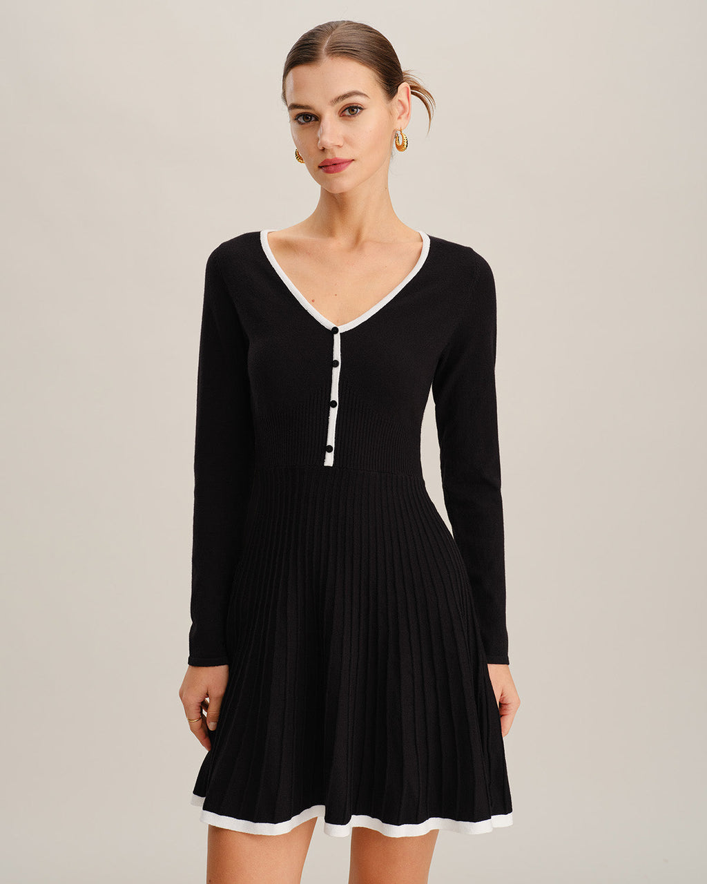 V-Neck Button Sweater Dress with Black Contrast