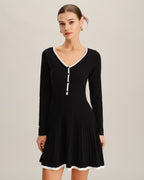 V-Neck Button Sweater Dress with Black Contrast