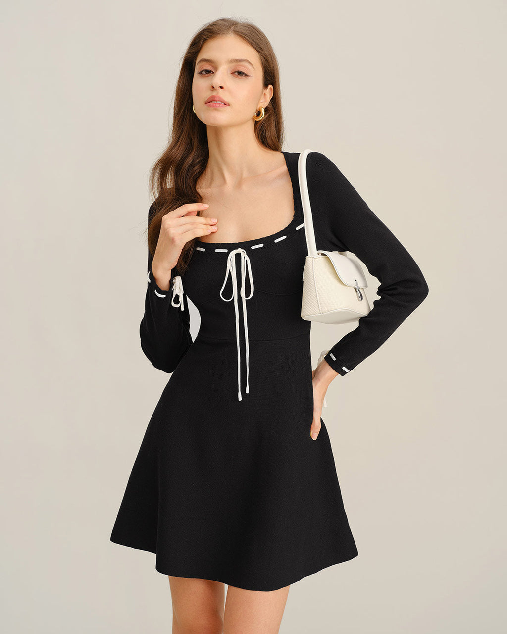 Black A-Line Sweater Dress with Contrast Details