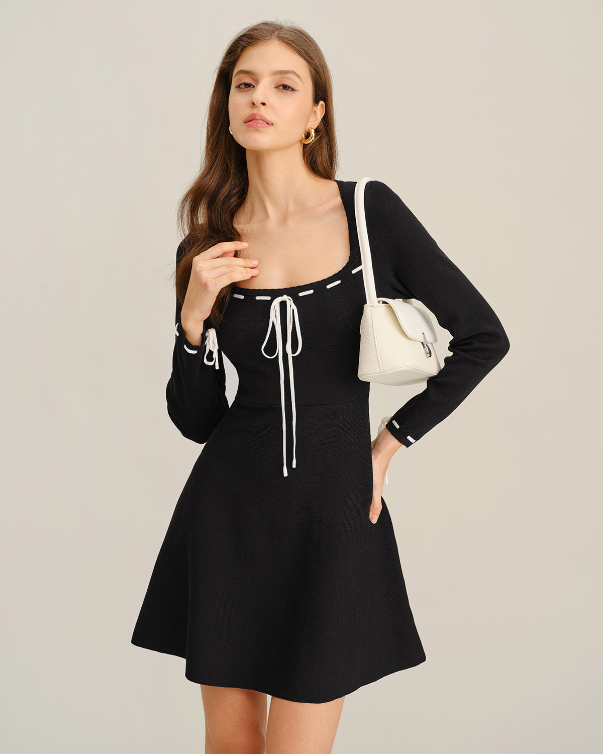 Black A-Line Sweater Dress with Contrast Details