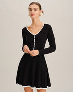 V-Neck Button Sweater Dress with Black Contrast